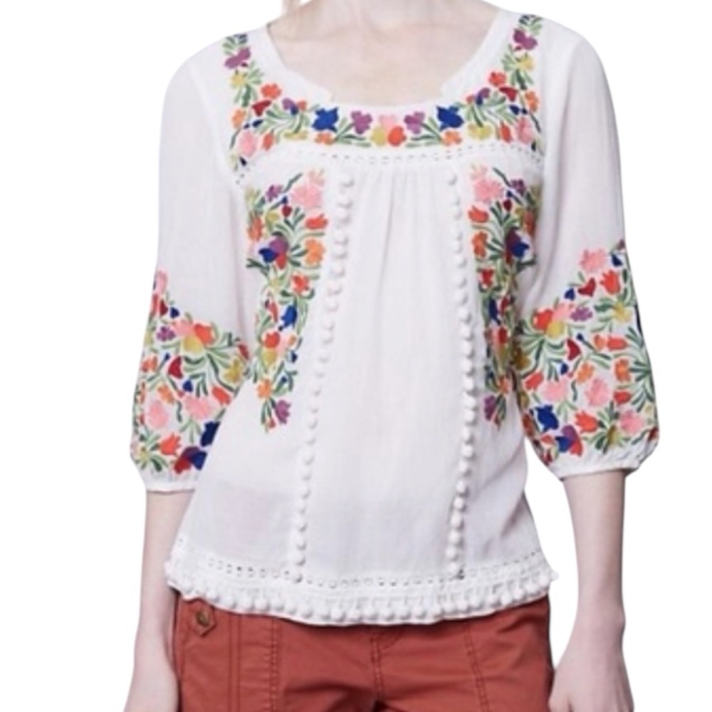 Anthropologie White Peasant Blouse with Multicolor Floral Embroidery